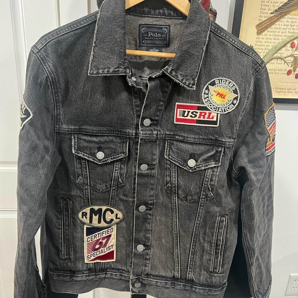 Mens Polo Ralph Lauren Black Denim Racing Patch Jacket Distressed M